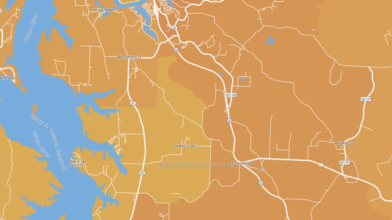 Map of the best neighborhoods in the Whitakerville area, with better matches in green and worse matches in red