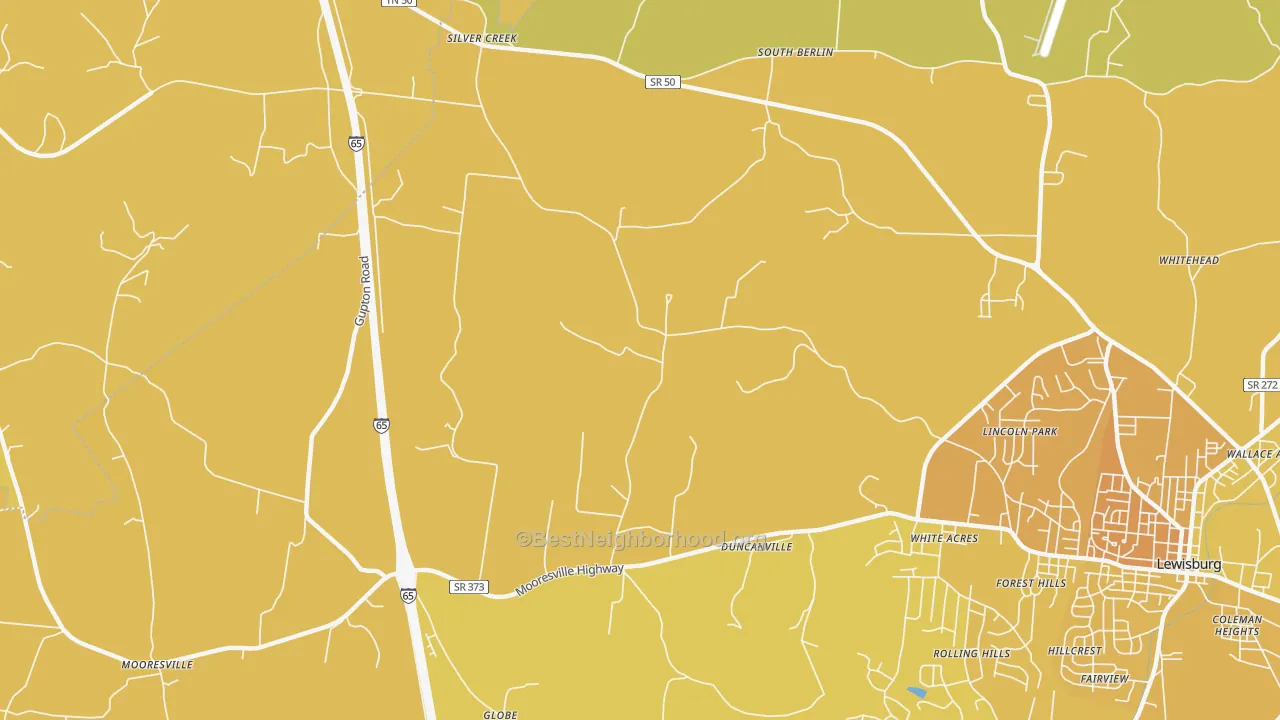 Map of the best neighborhoods in the White Acres area, with better matches in green and worse matches in red