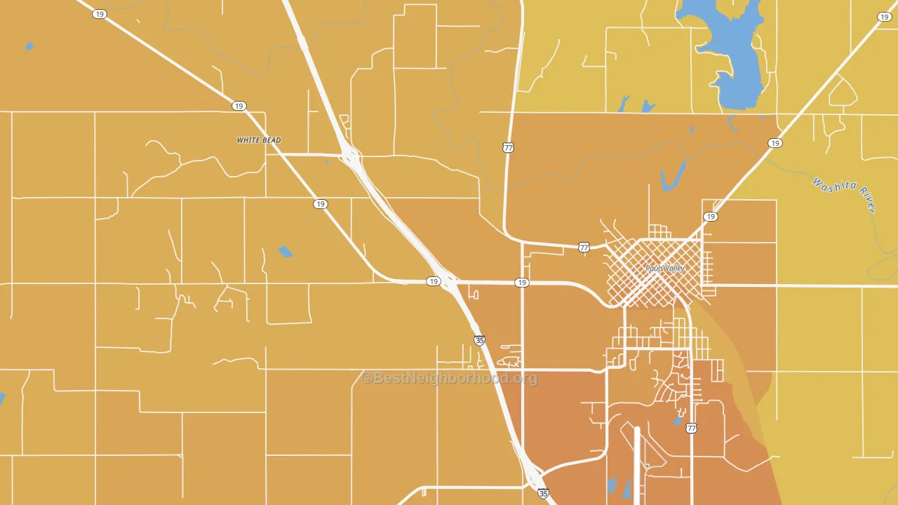 Map of the best neighborhoods in the White Bead area, with better matches in green and worse matches in red