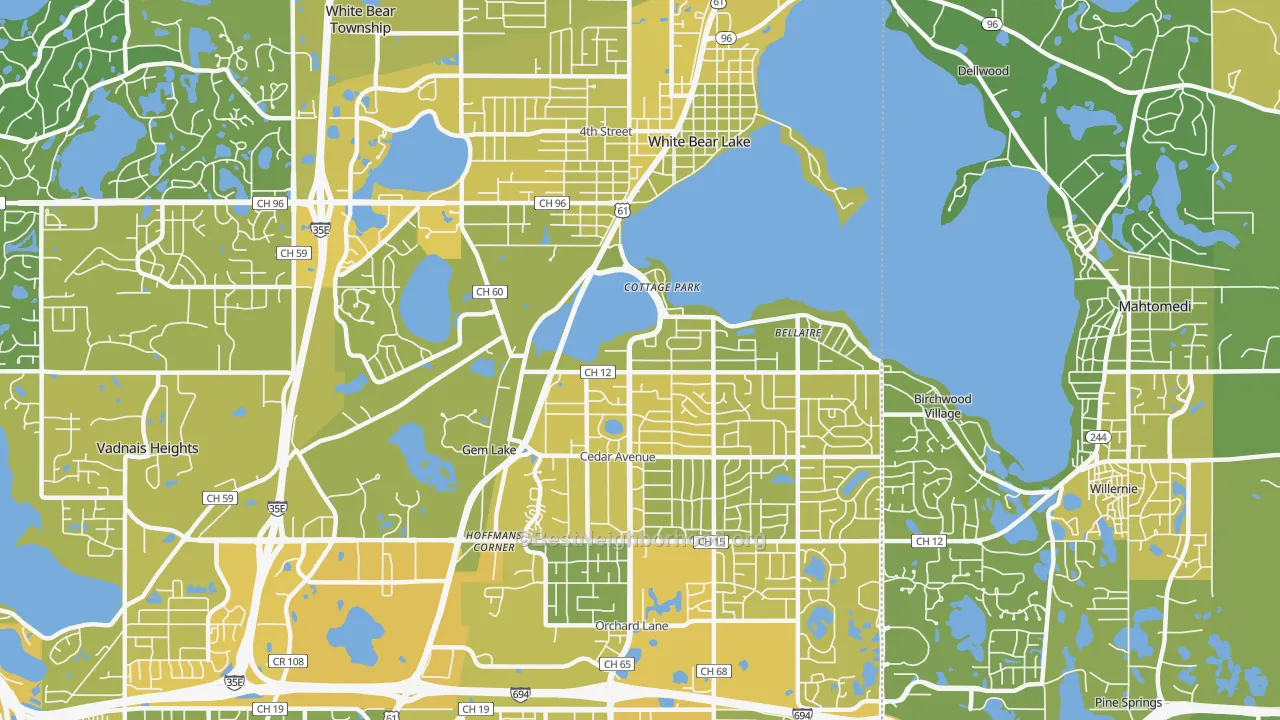 Map of the best neighborhoods in the White Bear Lake area, with better matches in green and worse matches in red