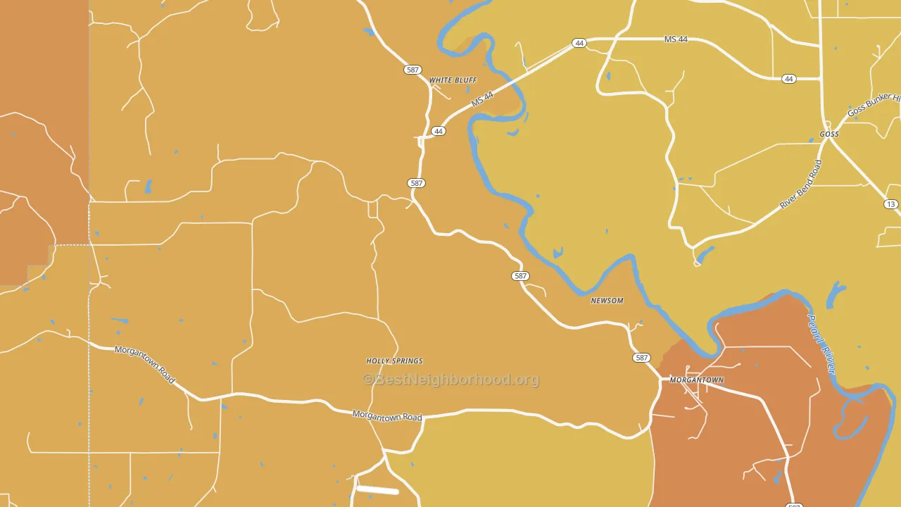 Map of the best neighborhoods in the White Bluff area, with better matches in green and worse matches in red