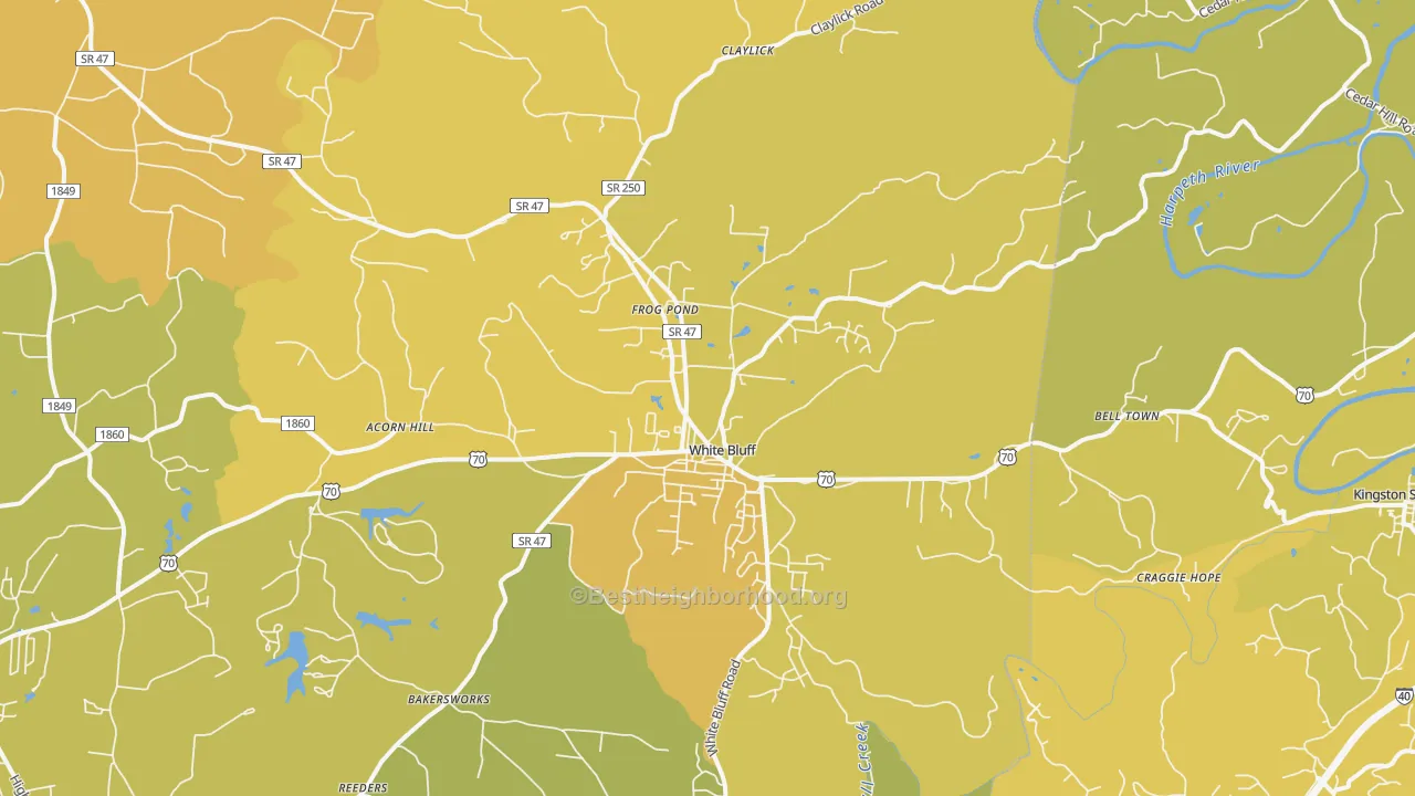 Map of the best neighborhoods in the White Bluff area, with better matches in green and worse matches in red