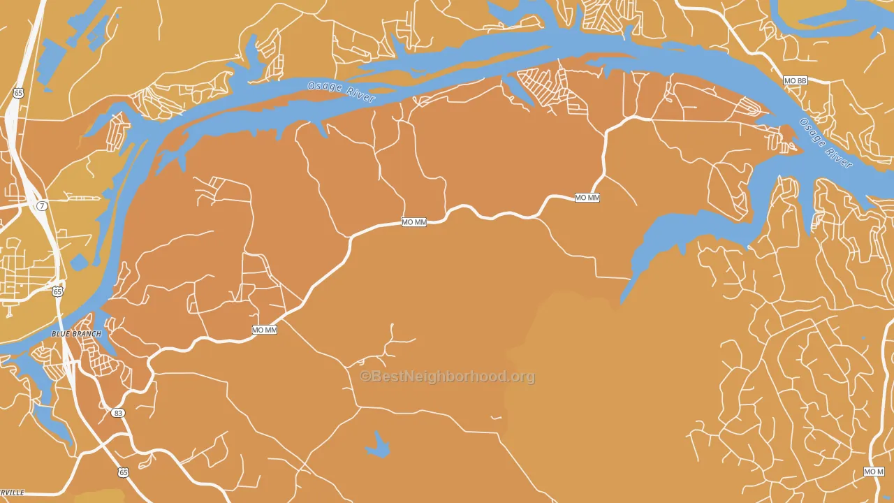 Map of the best neighborhoods in the White Branch area, with better matches in green and worse matches in red