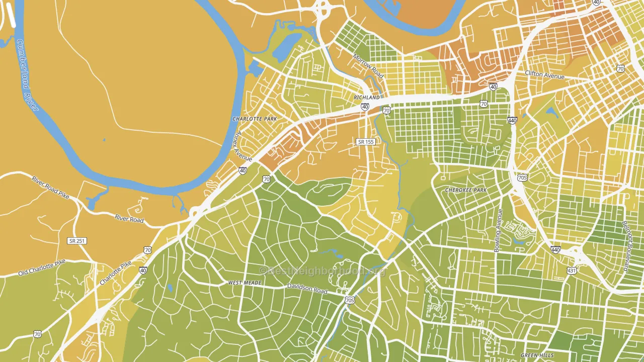 Map of the best neighborhoods in the White Bridge, Nashville area, with better matches in green and worse matches in red