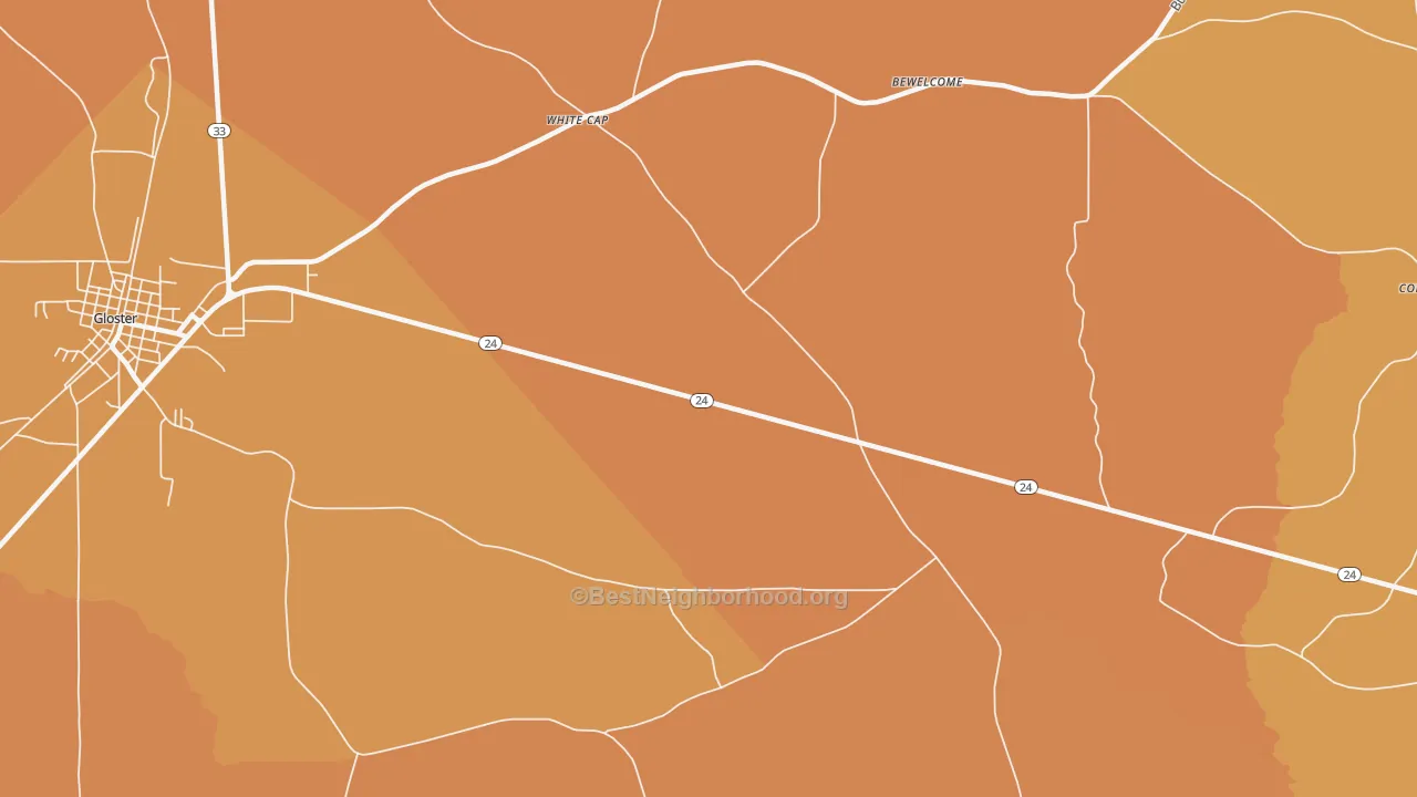 Map of the best neighborhoods in the White Cap area, with better matches in green and worse matches in red