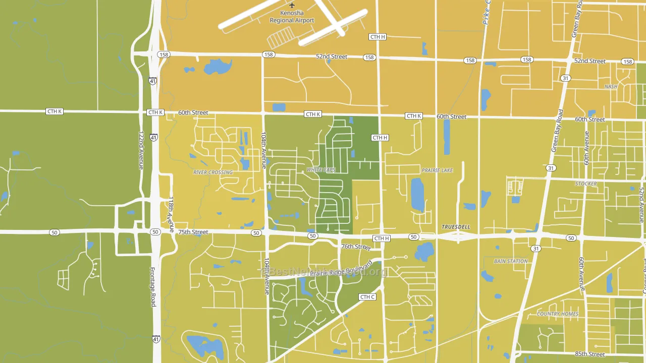 Map of the best neighborhoods in the White Caps, Kenosha area, with better matches in green and worse matches in red