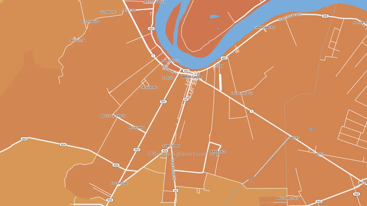 Map of the best neighborhoods in the White Castle area, with better matches in green and worse matches in red