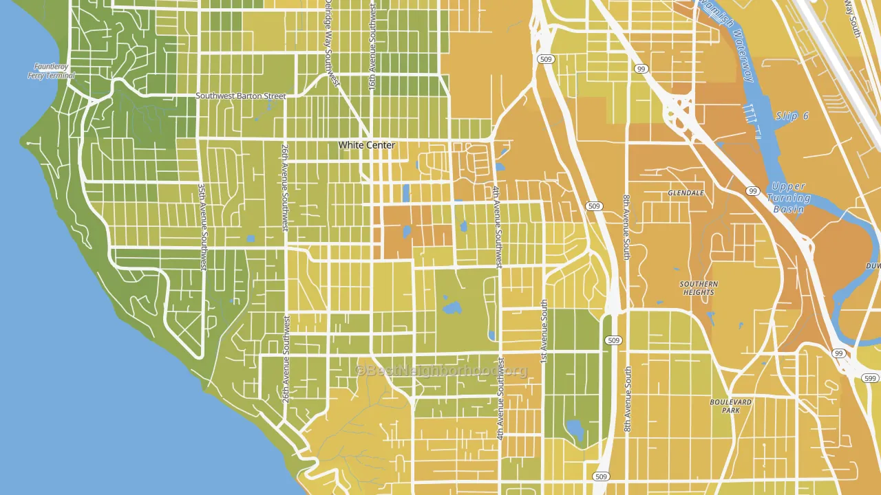 Map of the best neighborhoods in the White Center area, with better matches in green and worse matches in red