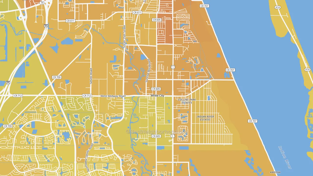 Map of the best neighborhoods in the White City, Fort Pierce area, with better matches in green and worse matches in red