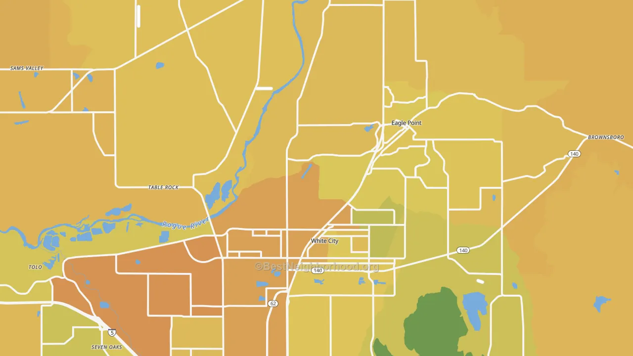 Map of the best neighborhoods in the White City area, with better matches in green and worse matches in red