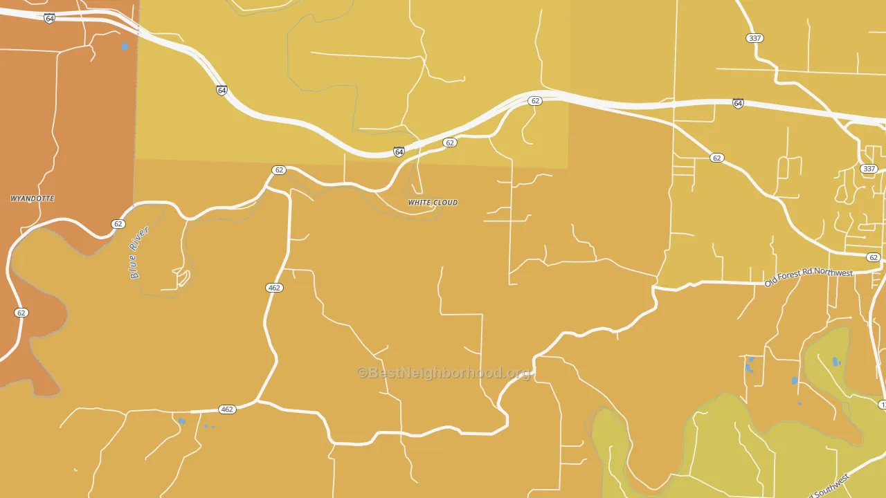 Map of the best neighborhoods in the White Cloud area, with better matches in green and worse matches in red