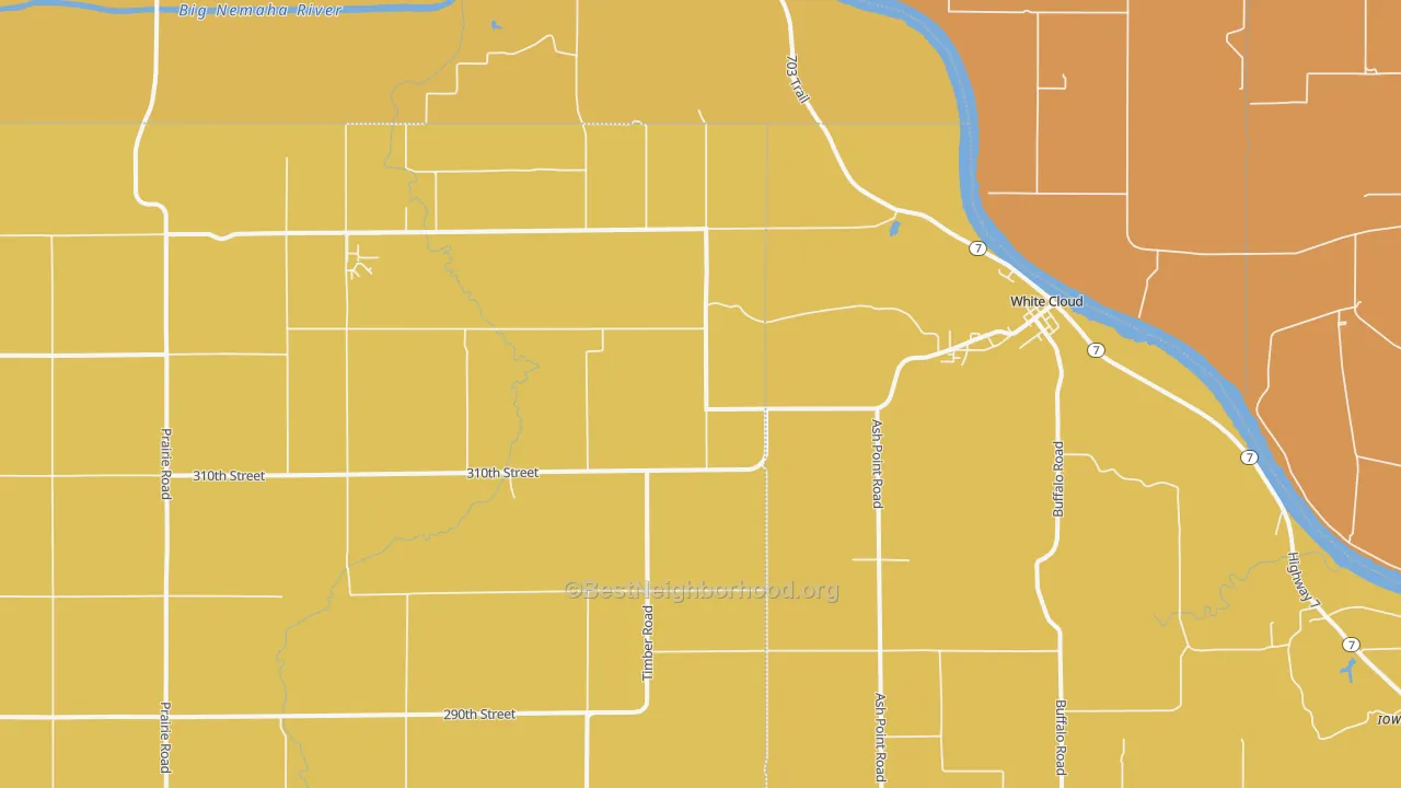 Map of the best neighborhoods in the White Cloud area, with better matches in green and worse matches in red