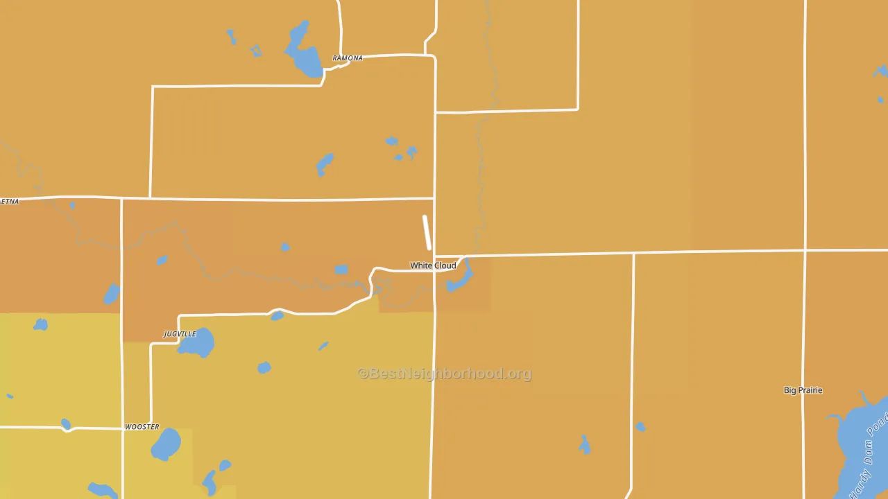 Map of the best neighborhoods in the White Cloud area, with better matches in green and worse matches in red
