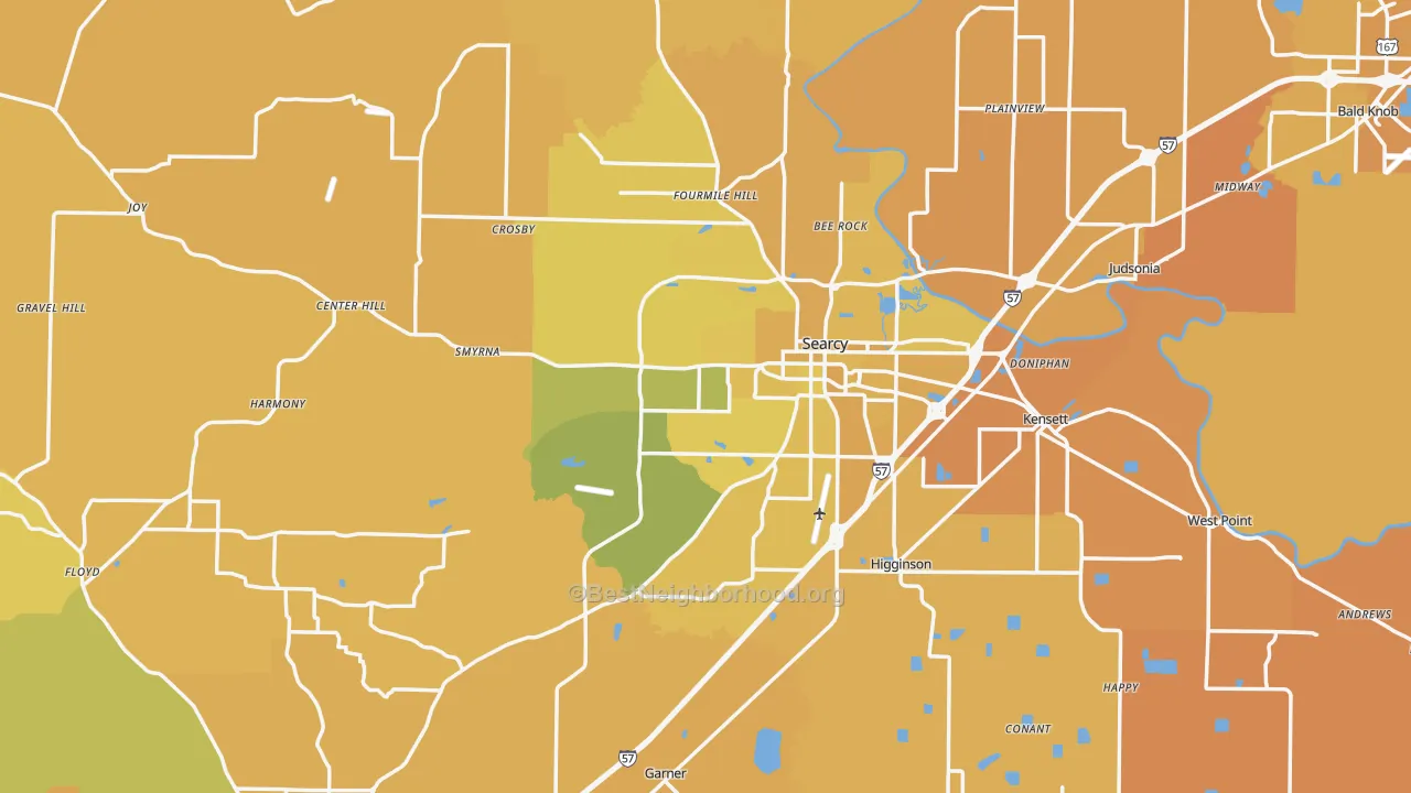 Map of the best neighborhoods in the White County area, with better matches in green and worse matches in red