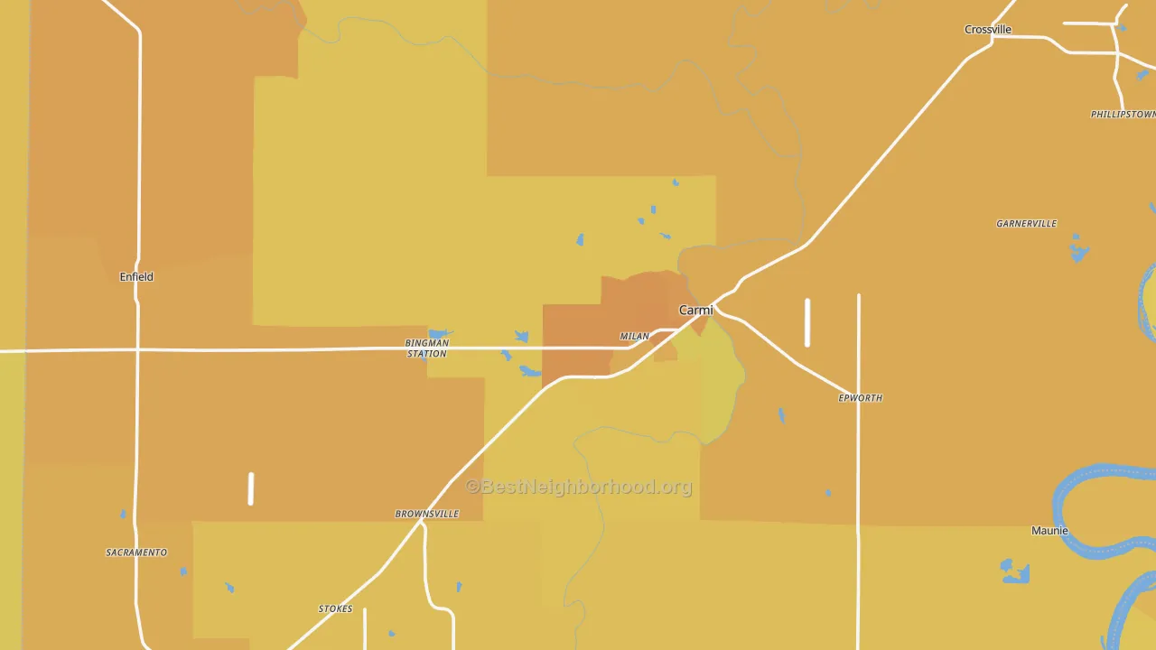 Map of the best neighborhoods in the White County area, with better matches in green and worse matches in red