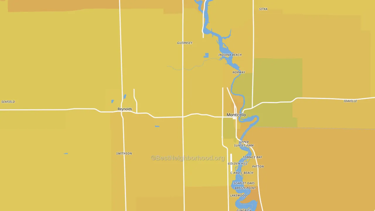 Map of the best neighborhoods in the White County area, with better matches in green and worse matches in red