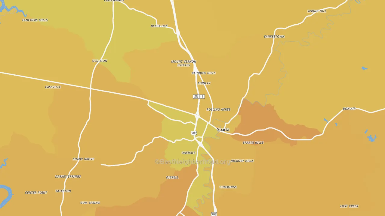 Map of the best neighborhoods in the White County area, with better matches in green and worse matches in red