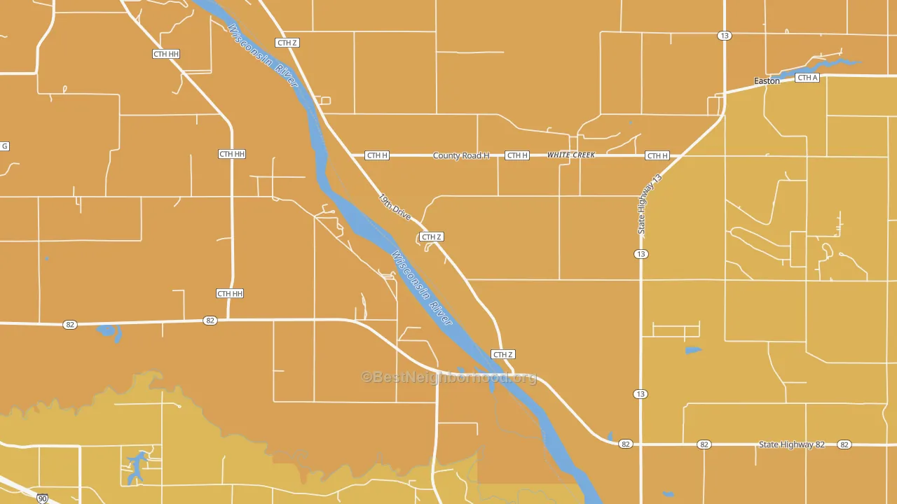 Map of the best neighborhoods in the White Creek area, with better matches in green and worse matches in red