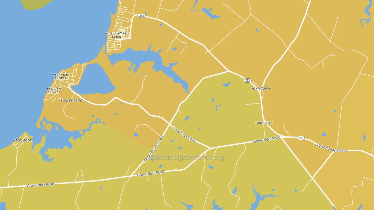 Map of the best neighborhoods in the White Crystal Beach area, with better matches in green and worse matches in red