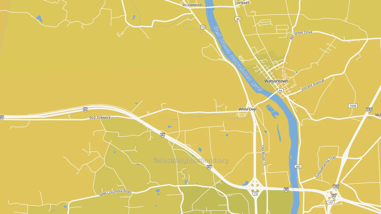 Map of the best neighborhoods in the White Deer area, with better matches in green and worse matches in red