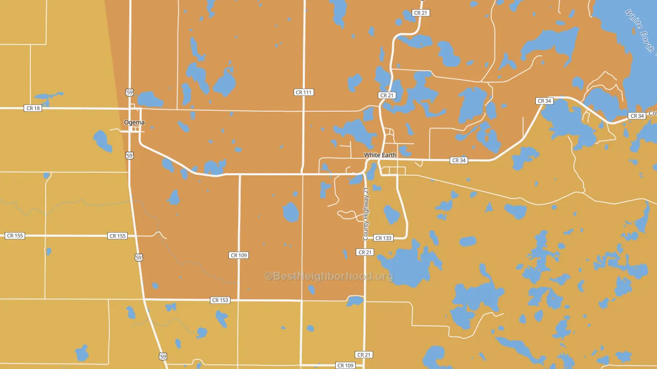 Map of the best neighborhoods in the White Earth area, with better matches in green and worse matches in red