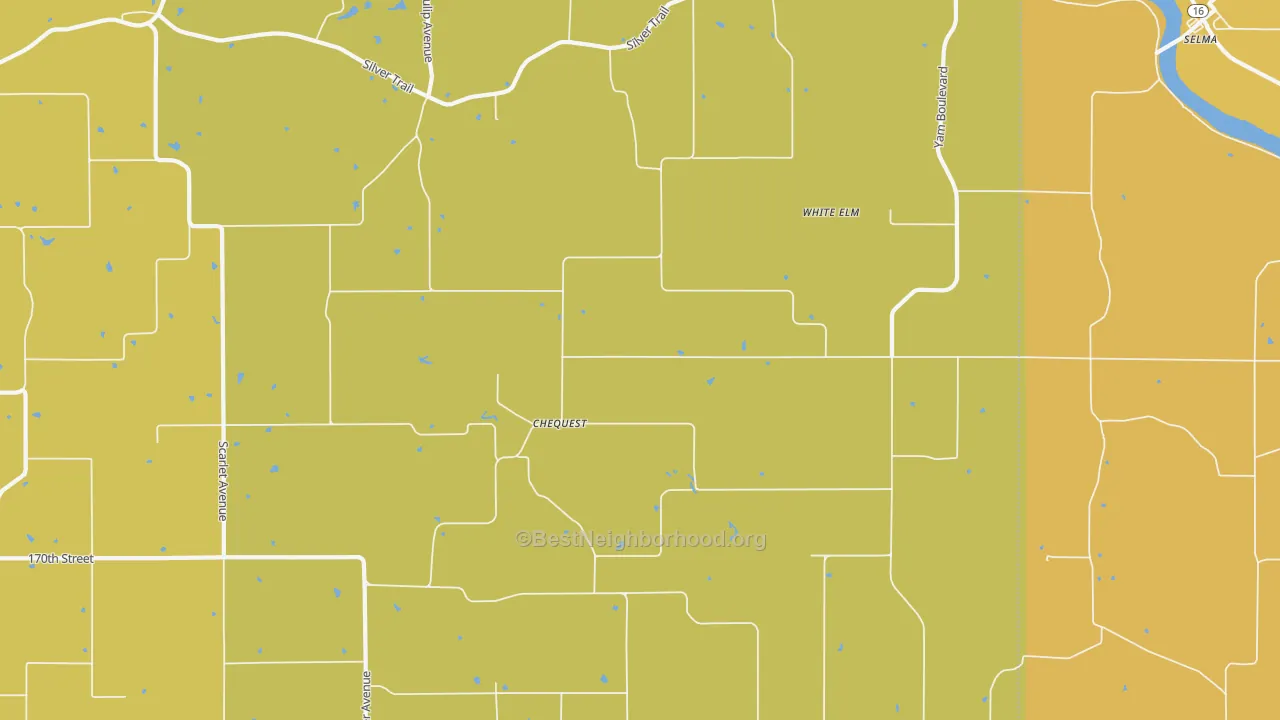 Map of the best neighborhoods in the White Elm area, with better matches in green and worse matches in red