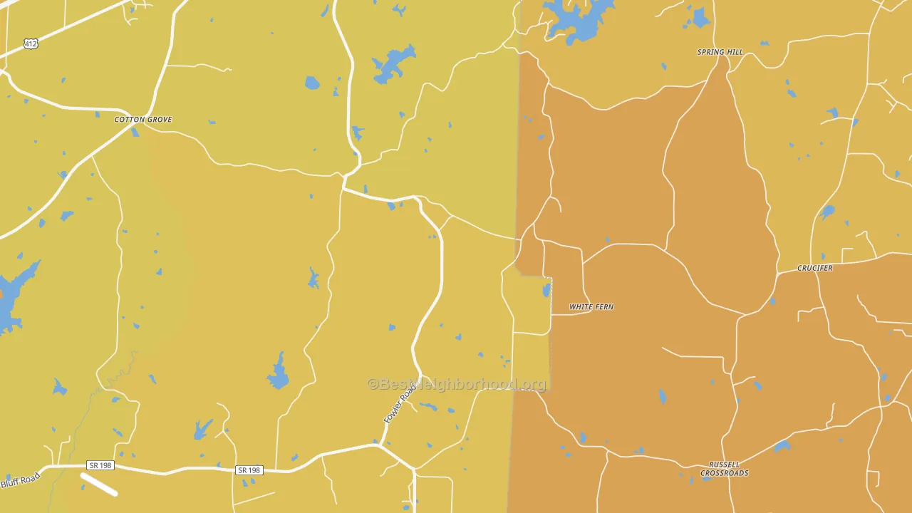 Map of the best neighborhoods in the White Fern area, with better matches in green and worse matches in red