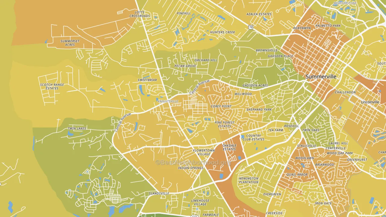 Map of the best neighborhoods in the White Gables, Summerville area, with better matches in green and worse matches in red
