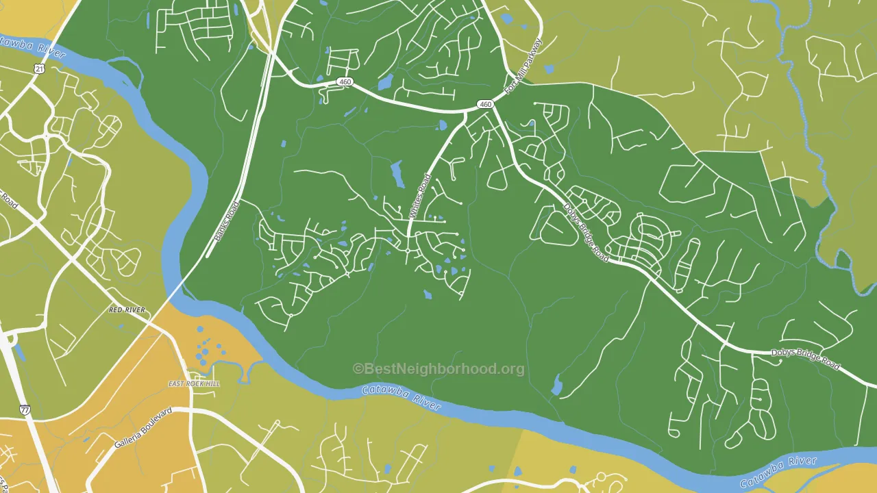 Map of the best neighborhoods in the White Grove, Fort Mill area, with better matches in green and worse matches in red