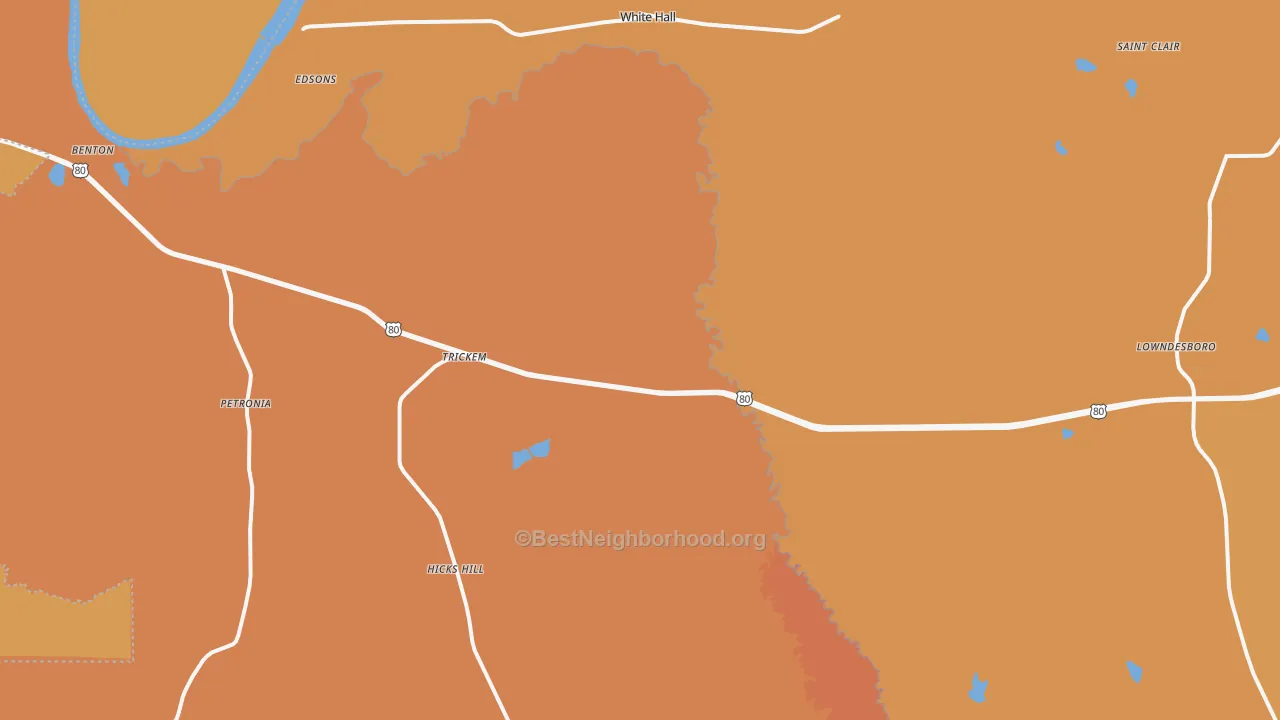 Map of the best neighborhoods in the White Hall area, with better matches in green and worse matches in red