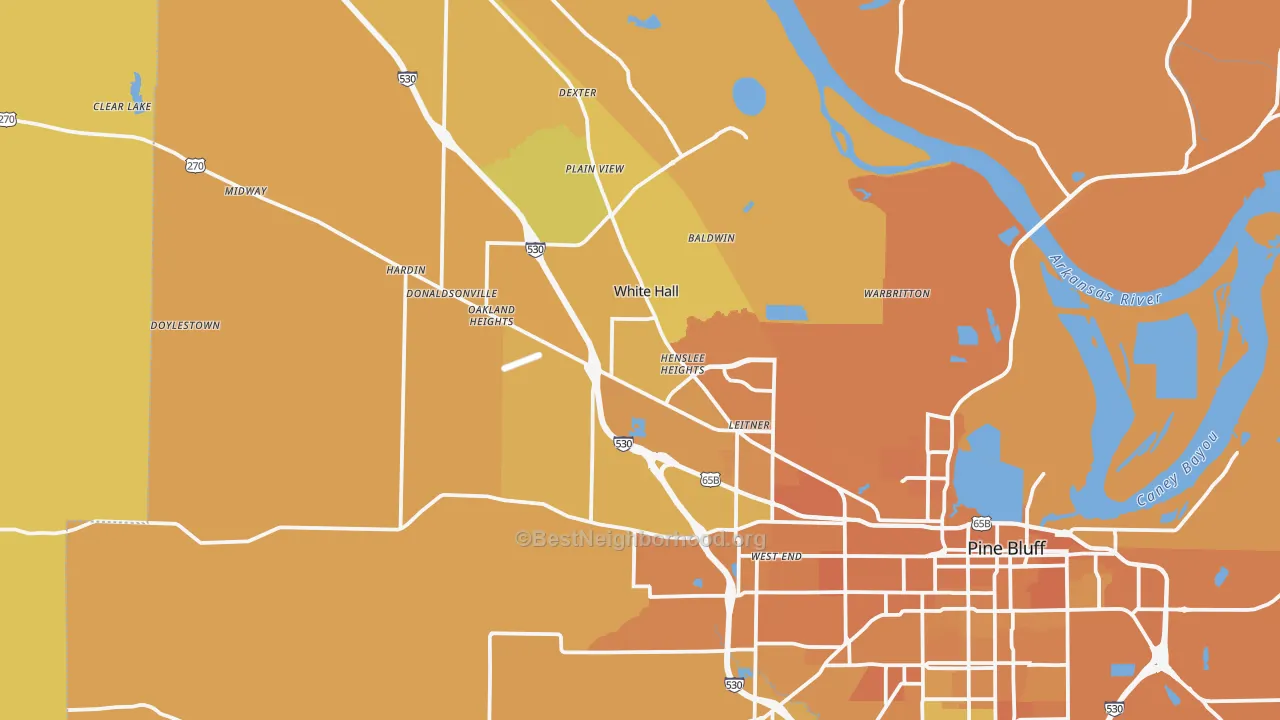 Map of the best neighborhoods in the White Hall area, with better matches in green and worse matches in red