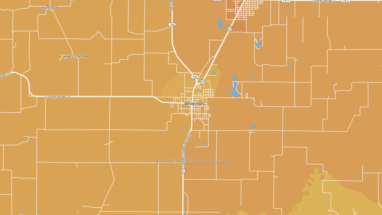 Map of the best neighborhoods in the White Hall area, with better matches in green and worse matches in red