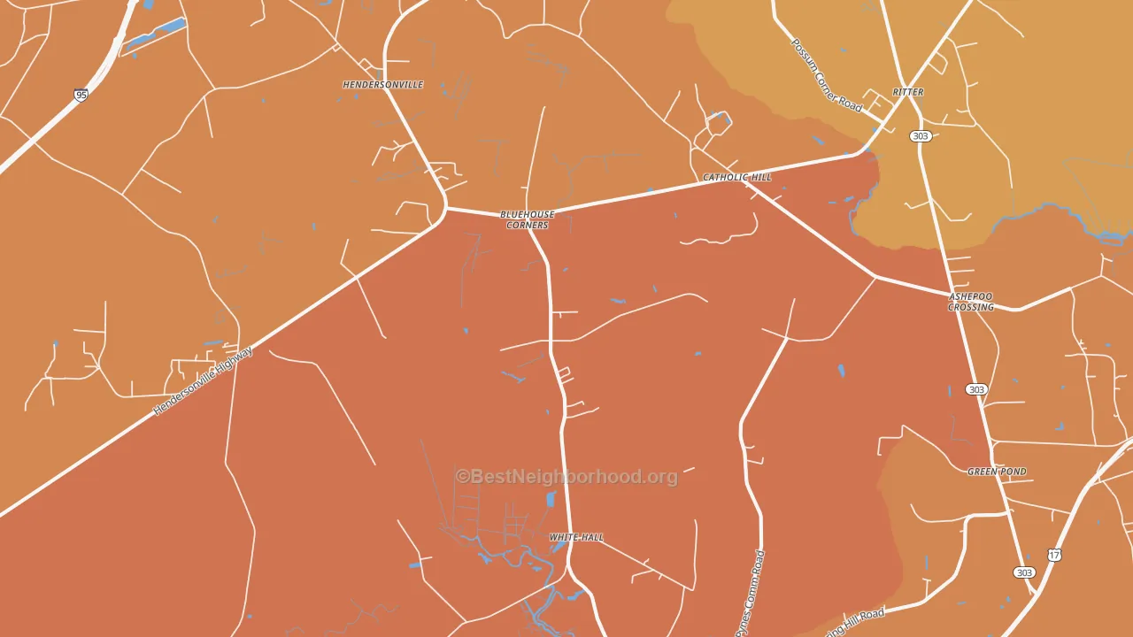 Map of the best neighborhoods in the White Hall area, with better matches in green and worse matches in red