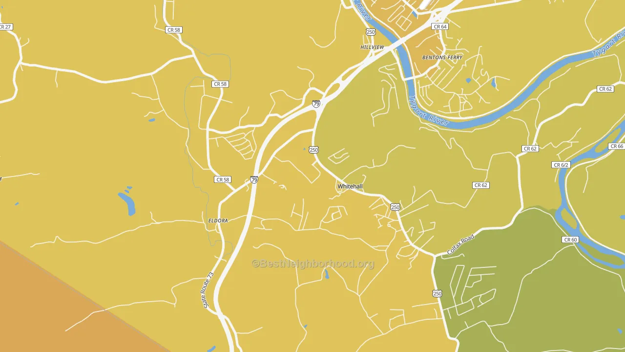 Map of the best neighborhoods in the White Hall area, with better matches in green and worse matches in red