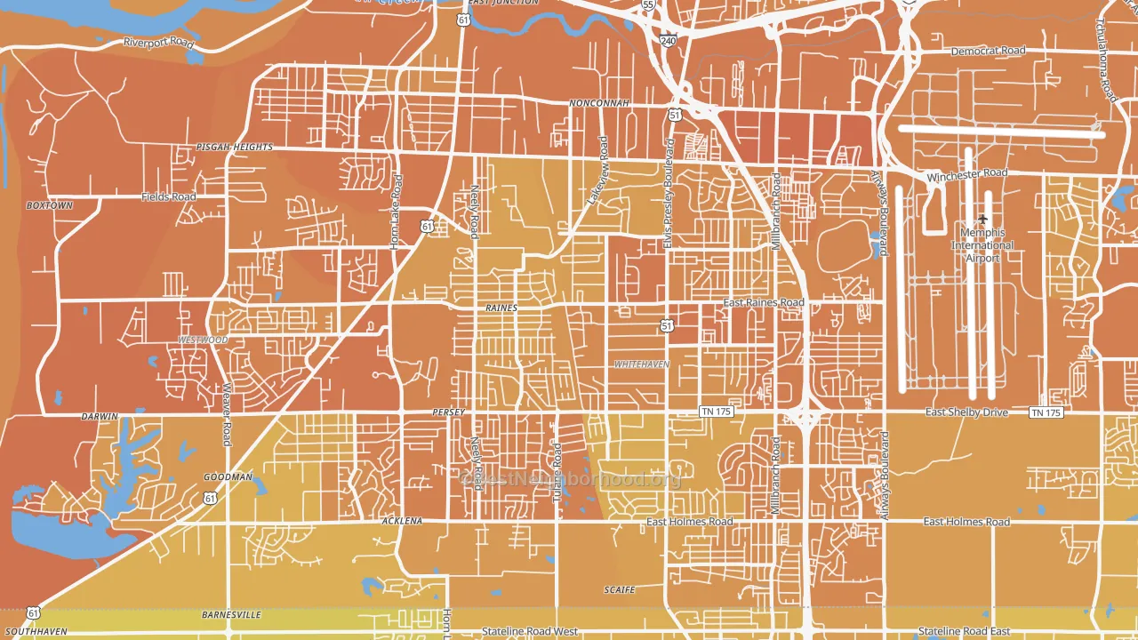 Map of the best neighborhoods in the White Haven-Coro Lake, Memphis area, with better matches in green and worse matches in red