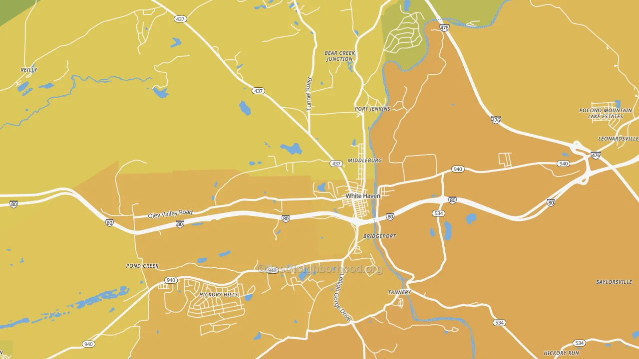 Map of the best neighborhoods in the White Haven area, with better matches in green and worse matches in red