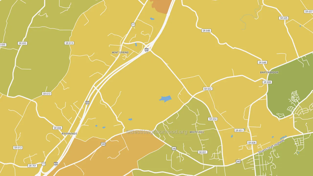 Map of the best neighborhoods in the White Hill area, with better matches in green and worse matches in red