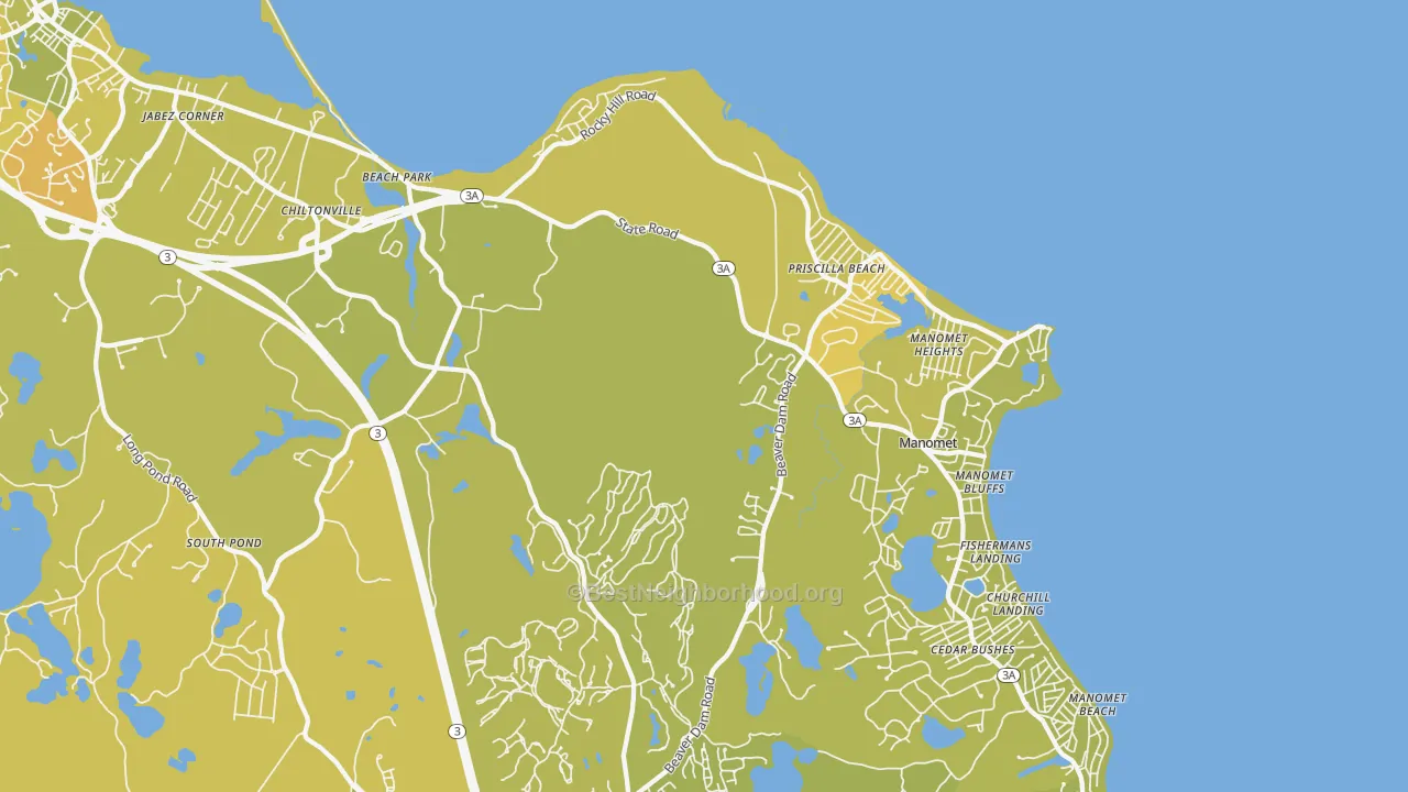 Map of the best neighborhoods in the White Horse Beach area, with better matches in green and worse matches in red