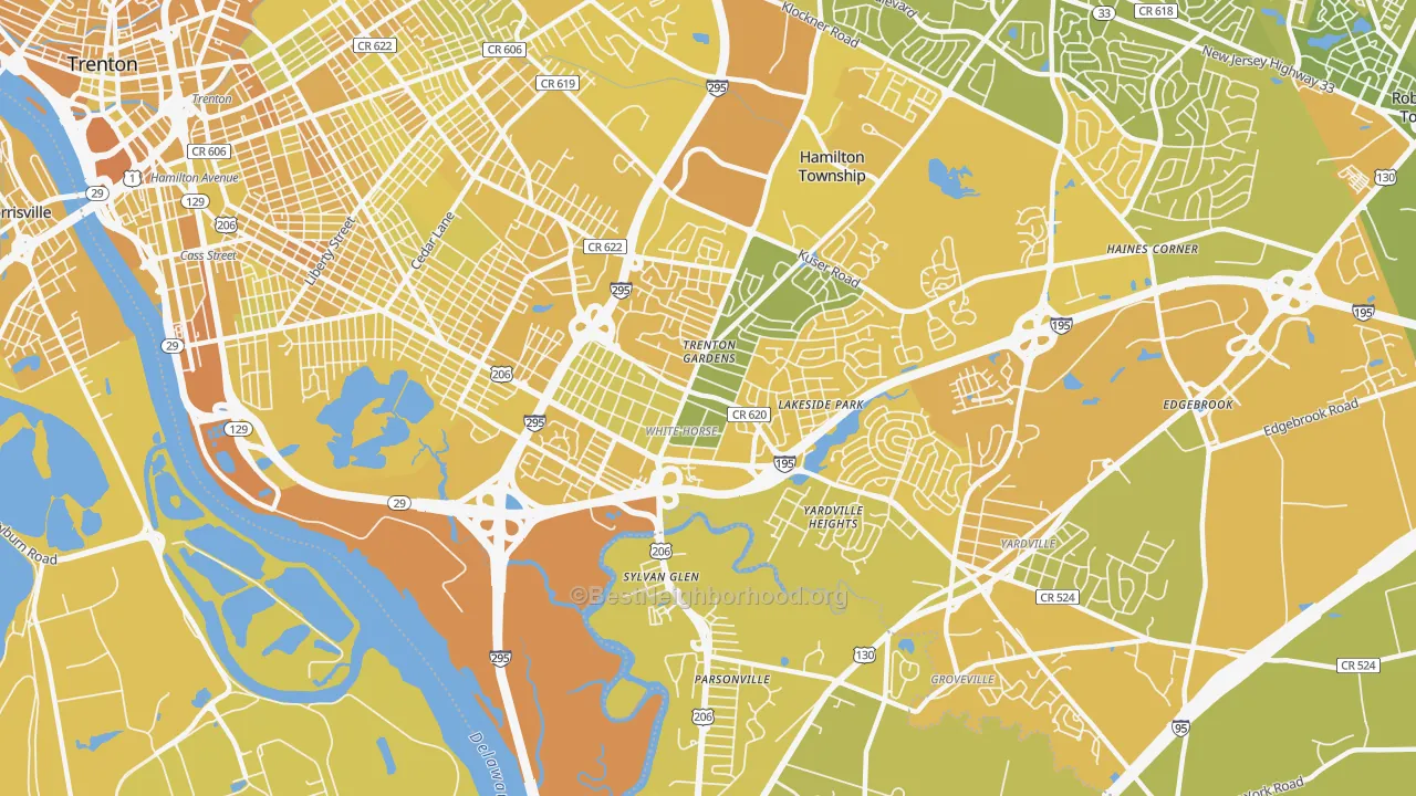 Map of the best neighborhoods in the White Horse area, with better matches in green and worse matches in red