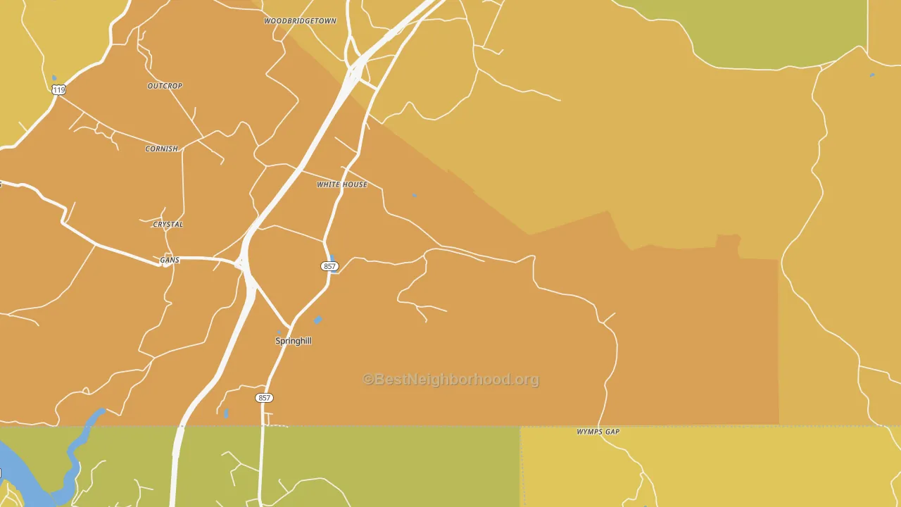 Map of the best neighborhoods in the White House area, with better matches in green and worse matches in red