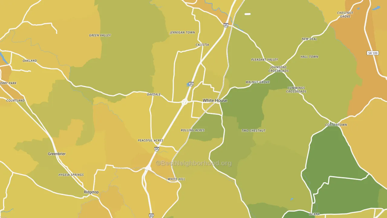 Map of the best neighborhoods in the White House area, with better matches in green and worse matches in red
