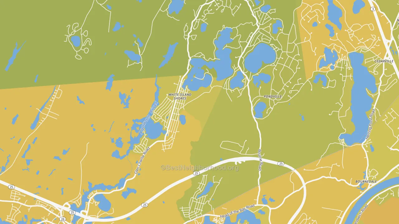 Map of the best neighborhoods in the White Island Shores area, with better matches in green and worse matches in red
