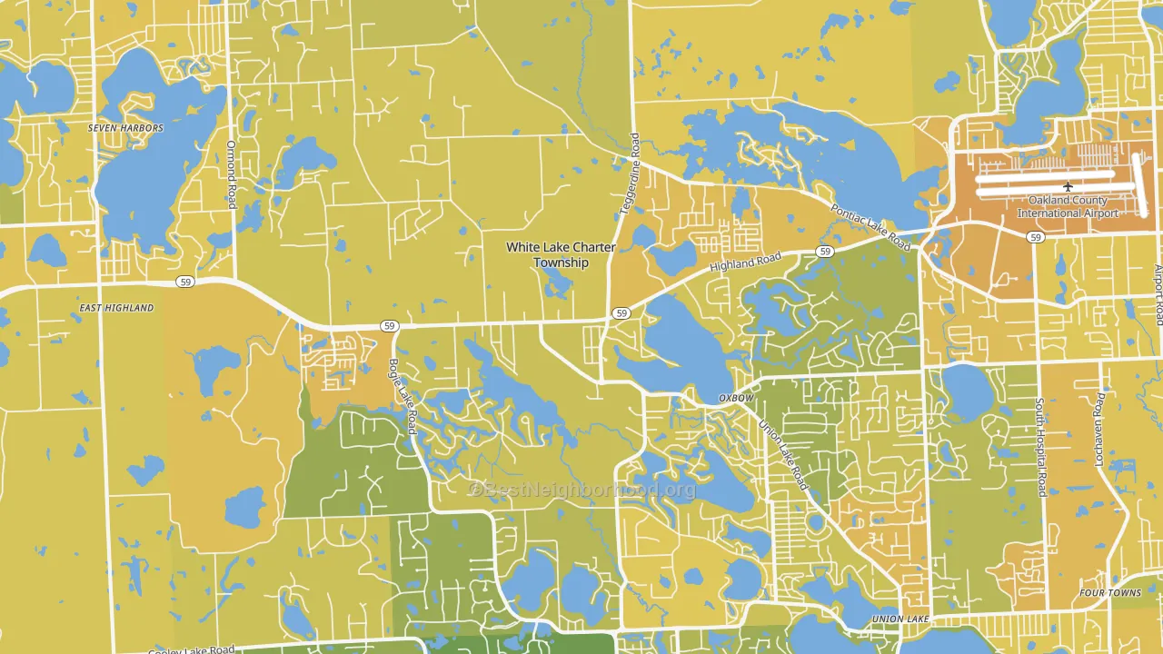 Map of the best neighborhoods in the White Lake area, with better matches in green and worse matches in red