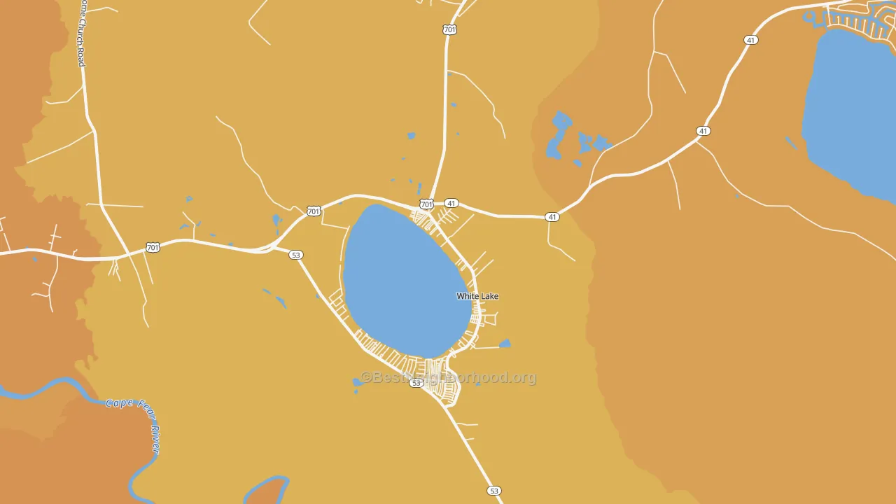 Map of the best neighborhoods in the White Lake area, with better matches in green and worse matches in red