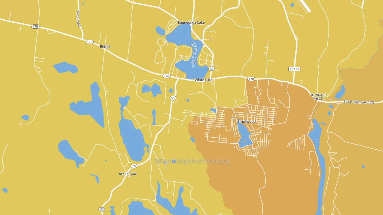 Map of the best neighborhoods in the White Lake area, with better matches in green and worse matches in red