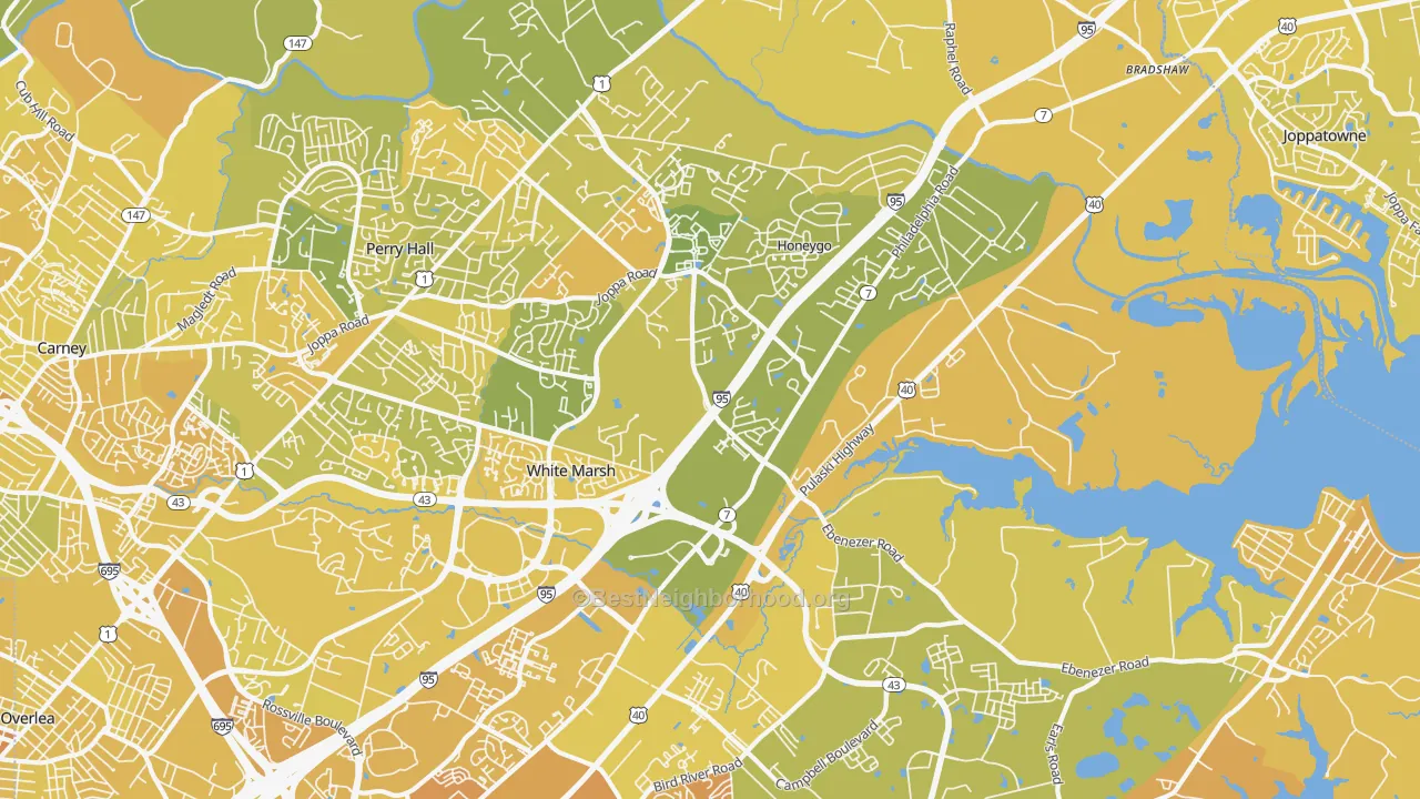 Map of the best neighborhoods in the White Marsh area, with better matches in green and worse matches in red