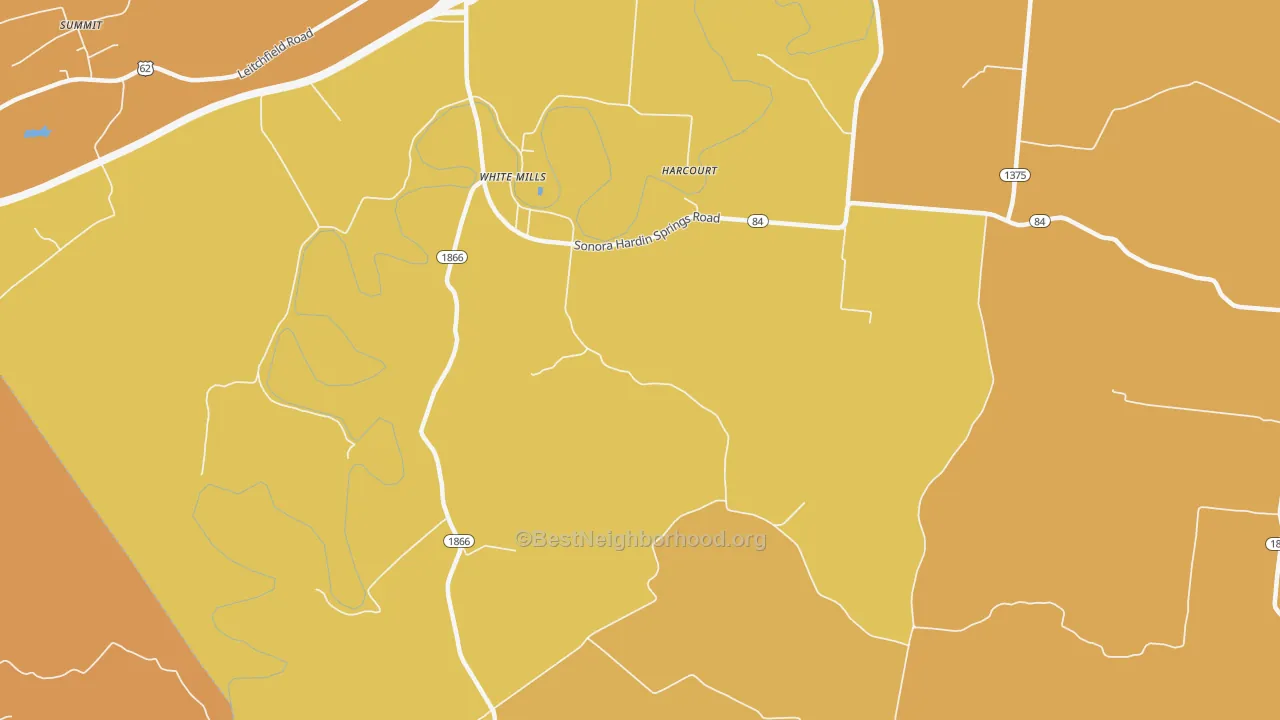 Map of the best neighborhoods in the White Mills area, with better matches in green and worse matches in red