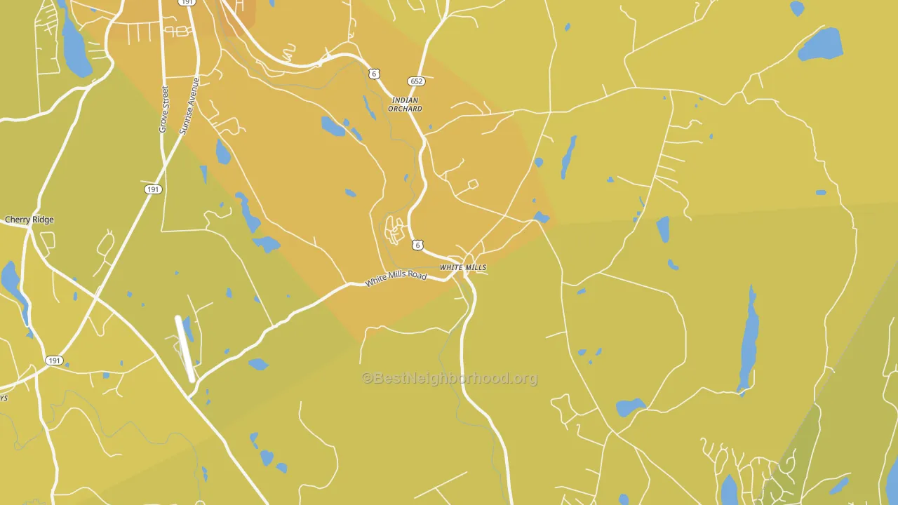 Map of the best neighborhoods in the White Mills area, with better matches in green and worse matches in red