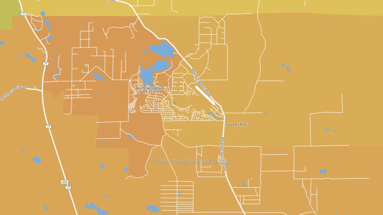 Map of the best neighborhoods in the White Mountain Lake area, with better matches in green and worse matches in red
