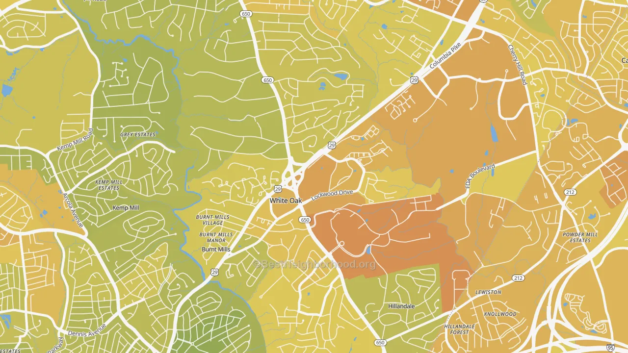 Map of the best neighborhoods in the White Oak area, with better matches in green and worse matches in red